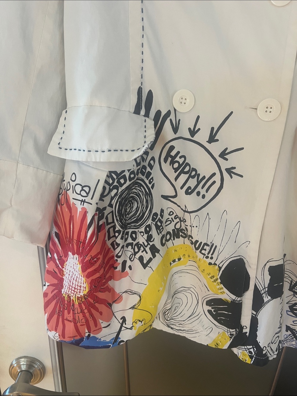 Desigual Ivory Graffiti Floral Trench Coat Size 40 - Picture 3 of 12